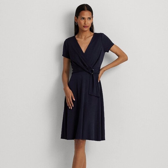 $90 LAUREN RALPH LAUREN SURPLICE JERSEY DRESS Navy blue Women s Midi Size 18 - Picture 1 of 1